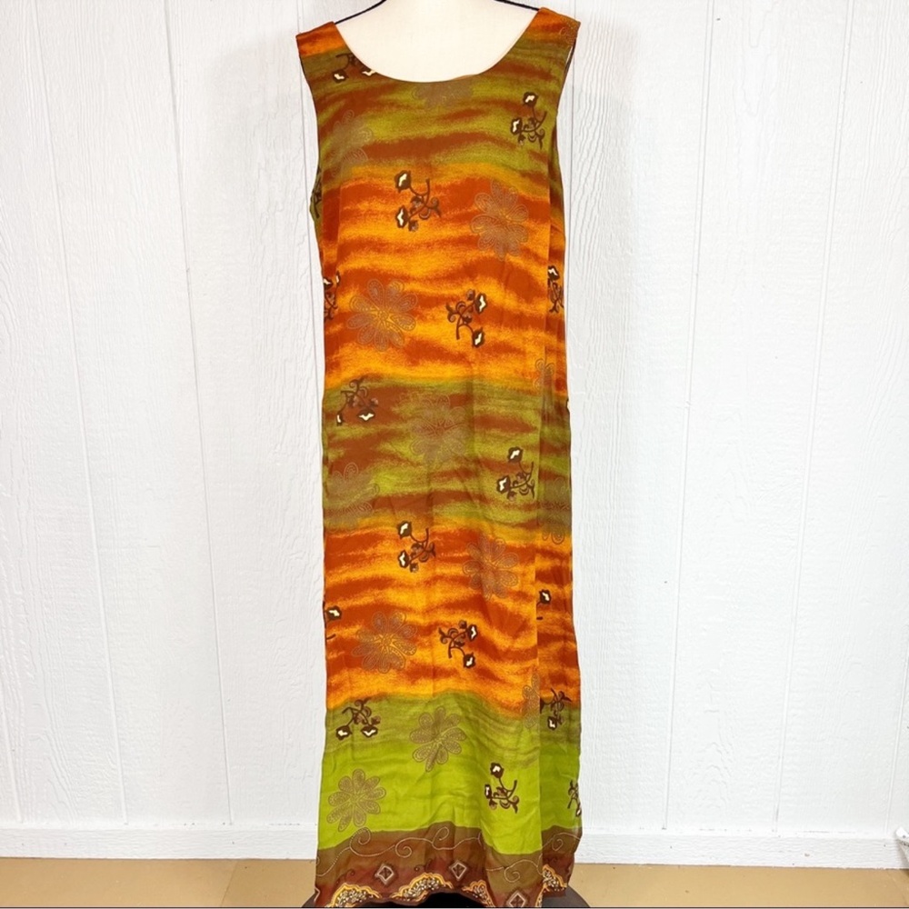 Vintage Borcellini Vibrant Sleeveless Maxi Dress in Orange and Green Size 13/14
